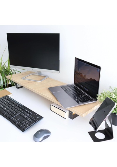 Hansdo Dual Monitör Standı İkili Monitör Standı Monitör Yükseltici Mdf Lam Safir Meşe