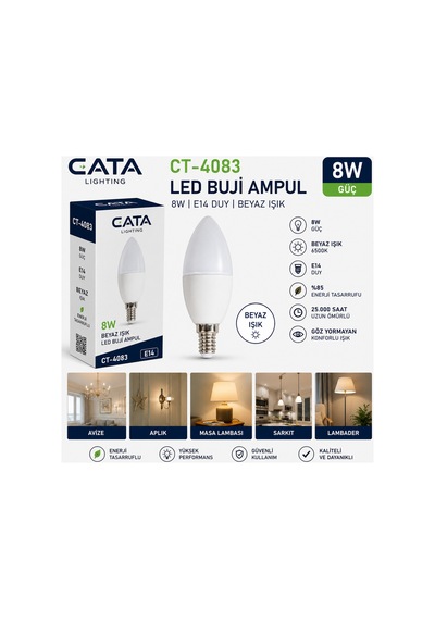 Cata Ct-4083 8w E14 Led Mum Ampul Beyaz Işık Uzun Ömürlü Buji Ampul Dekoratif Aydınlatma Tekli