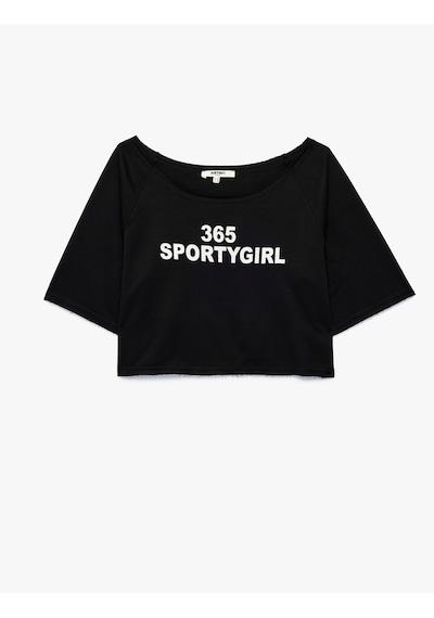 Koton Rahat Kalıp Kısa Kollu Kayık Yaka Baskılı Crop Spor Tişört Siyah 7wak10202nk