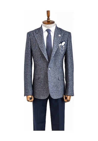 Wessi Kendinden Desenli Slim Fit Yün Erkek Lacivert Ceket Taba