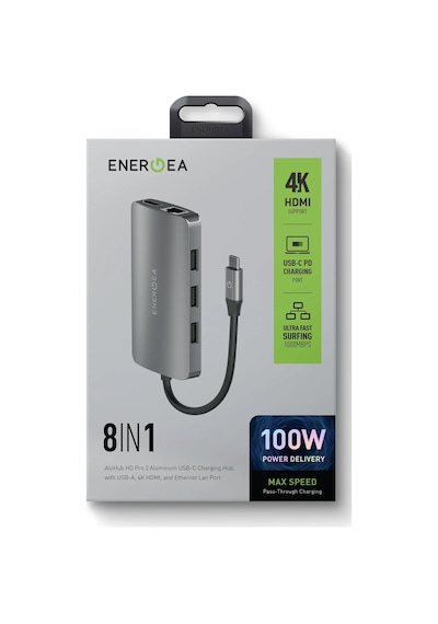 Aluhub Hd Pro 2 100w Type-c Pd Şarj Destekli 8in1 4k Hub Dönüştürücü - Koyu Gri
