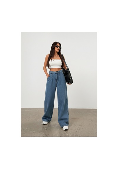 Bluemarlin Tam Kalıp Yüksek Bel Ön Arka Pensli Bol Paça Baggy Jeans Mavi