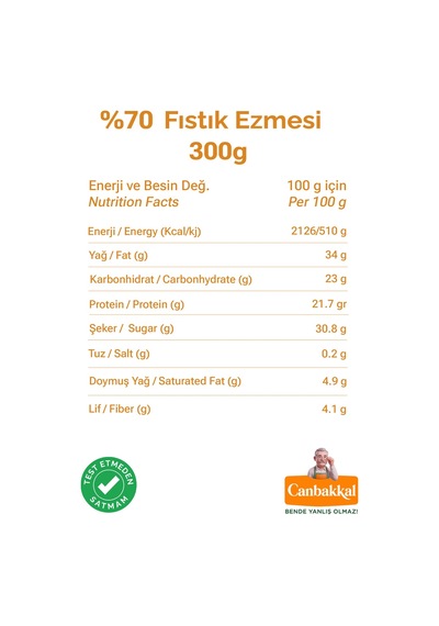 Canbakkal %70 Fıstık Ezmesi Sürülebilir Fıstık Kreması 300 G