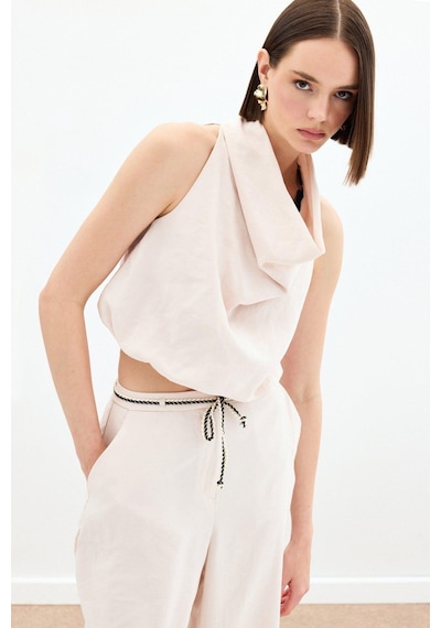Sateen Degaje Yaka Bluz - Bej Bej