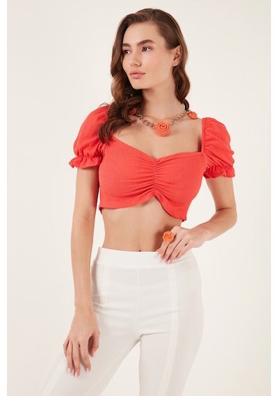 Lela Slim Fit Büzgü Detaylı Kalp Yaka Crop Bayan Bluz 5865601 Nar Çiçeği