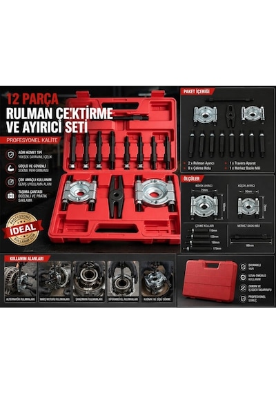 Profesyonel 12 Parça Rulman Çektirme Ve Ayırıcı Seti Bearing Separator Puller Kit Çantalı Ağır Hizmet Tipi