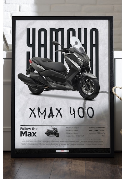 Yamaha Xmax 400 Siyah Ahşap Çerçeveli Poster, Dekoratif Motosiklet Duvar Tablosu