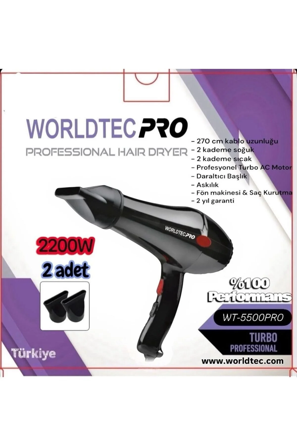 Worldtec 2200 W Turbo Profesyonel Kuaför Fön & Saç Kurutma Makinesi