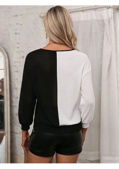 Defymoda Kadın Uzun Kollu V Yakalı Çift Renkli Triko Bluz Desenli