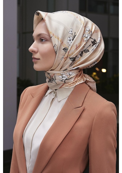 Poanes Bahar Dalı Desenli Twill İpek Eşarp Açık Pembe - Pembe