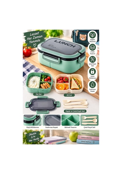 Renkli Beslenme Kutusu 2 Katlı 6 Bölmeli 1 Adet 6 Bölmeli Beslenme Kabı Yemek Saklama Kabı Taşınabilir Lunch Box Okul Yeşil