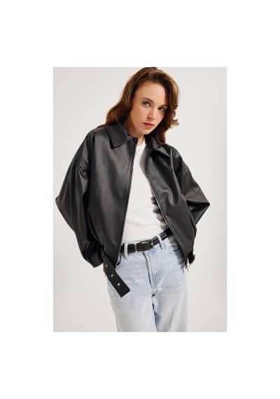 Meecy Yeni Sezon Suni Oversize Bomber Deri Ceket Siyahh Siyahh