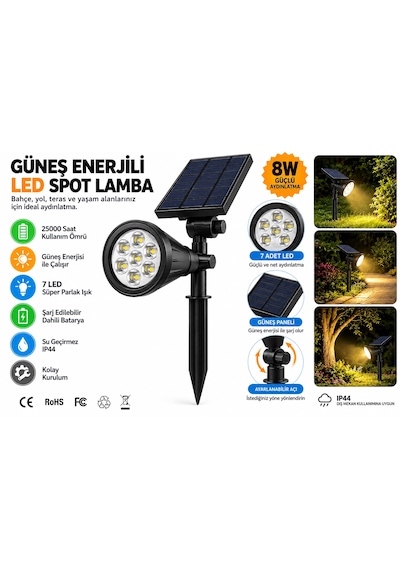 8w Güneş Enerjili Çim Solar Led Spot Lamba Bahçe Aydınlatma Sarı Renk 7 Ledli Hareket Sensörlü Su Geçirmez Bahçe Yol Teras Balkon Kapı Önü Yürüyüş Yolu Göl Kenarı İçin Uygun Sıcağa Soğuğa Dayanıklı