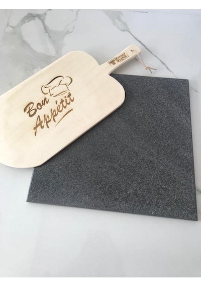 Tr Doğal Bazalt Fırın Taşı 30x30cm &amp Ahşap Fırın Küreği - Fırın Tasi, Pizza Tasi, Ekmek Tasi, Mangal T