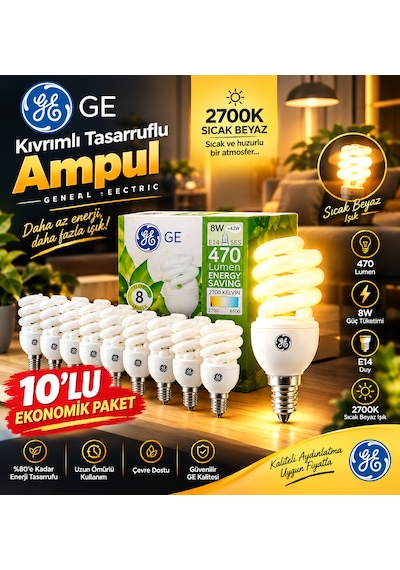 General Electric 8w 470 Lümen E14 Tasarruflu Ampul / 2700 Kelvın / Sarı / 10'lu Ekonomik Paket