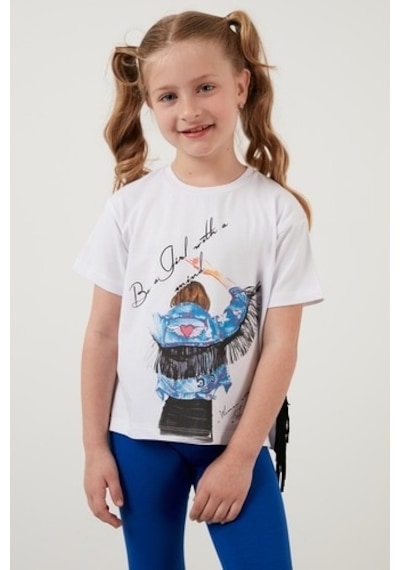 Lela Pamuklu Baskılı Püskül Detaylı Bisiklet Yaka Kız Çocuk T Shirt 6211020 Beyaz