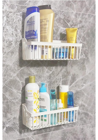 Banyor Yapışkanlı Banyo Rafı, 2'li Banyo Düzenleyici Organizer Banyo Duş Rafı Şampuanlık, Plstik Beyaz