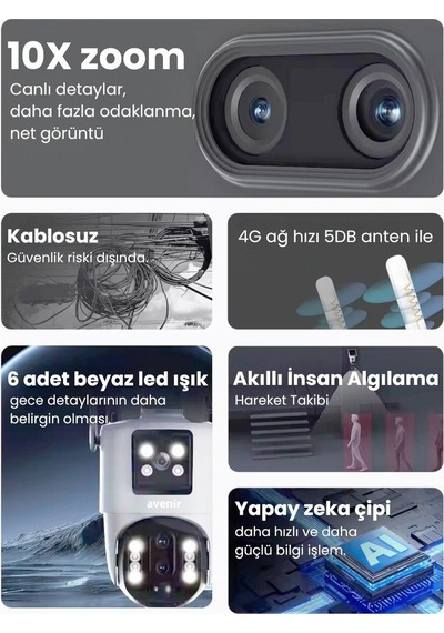 Avenir Av-m13 4g Simkartlı Solar Panelli 3 Lensli 12mp Full Color Gece Görüşü Çift Yönlü Ses Kamera