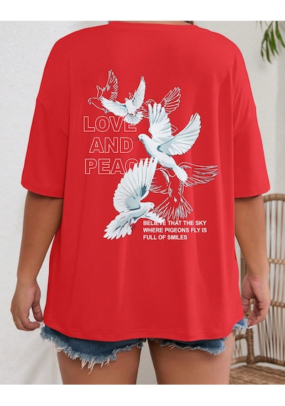 Uyguntarz Love And Peace Baskılı Unisex Oversize Tshirt Kırmızı