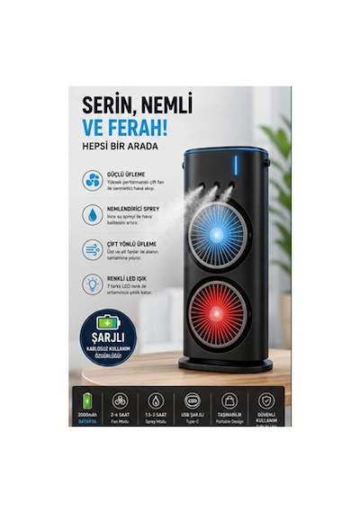 Çift Başlıklı Sprey Fan Nemlendirici Ve Renkli Led Işıklı Siyah Çok Renkli