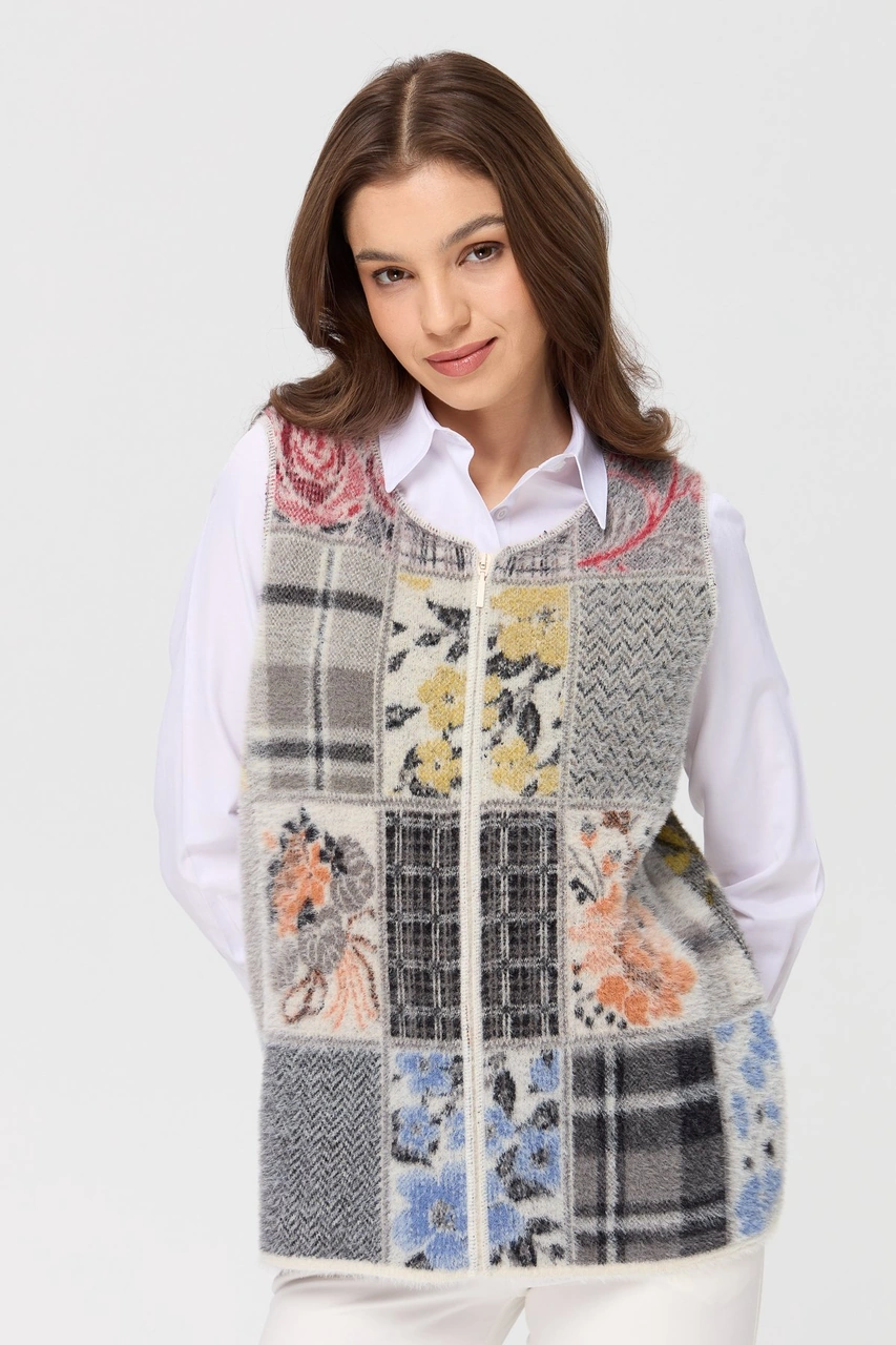 Desen Triko Kadın Sıfır Yaka Patchwork Yelek Kemik Kemik
