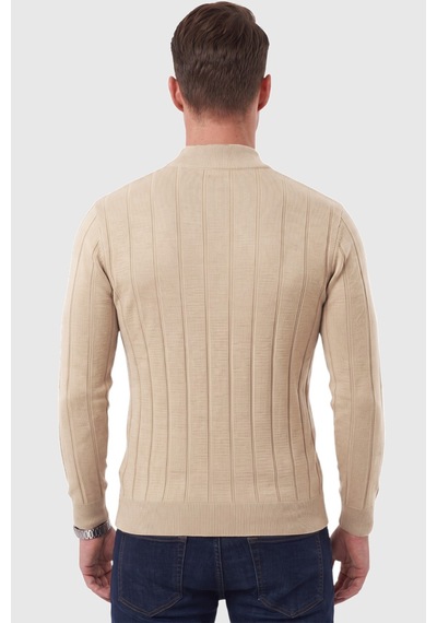Rizzup Erkek Slim Fit Yarım Balıkçı Yaka Çizgi Dokulu Bej Triko Kazak 2505503