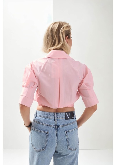 Vitrin Beli Lastikli Crop Gömlek Pudra