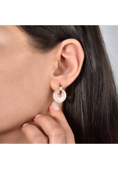 14 Ayar Altın Kaplama Gerçek Ve Doğal Donut Rose Quartz Taşlı Halka Küpe - Es00153 Altın