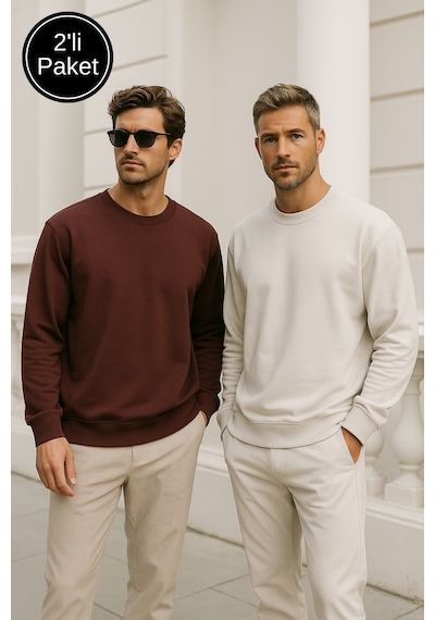 Rich Erkek 2'li Paket Kahverengi - Krem Bisiklet Yaka Scuba Basic Sweatshirt Kahverengi