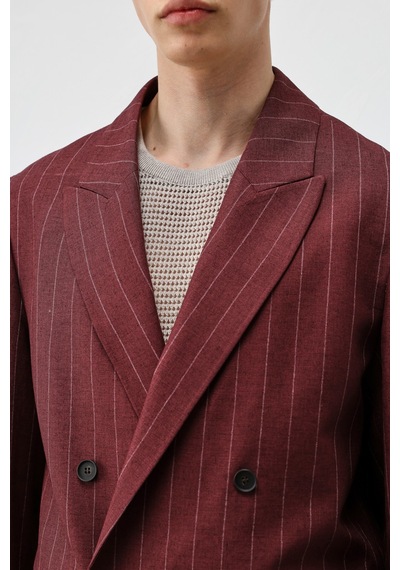 Antioch Keten Karışımlı Çizgili Erkek Blazer Ceket Bordo