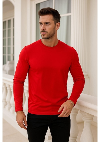 Rich Erkek Uzun Kollu Bisiklet Yaka Tişört - %100 Pamuk Basic Relaxed T-shirt Kirmizi
