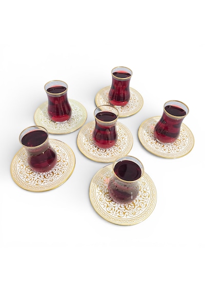 Sudedi Home Altın Yaldızlı Osmanlı Desenli 6 Lı Çay Bardağı Ve Tabak Seti Renkli