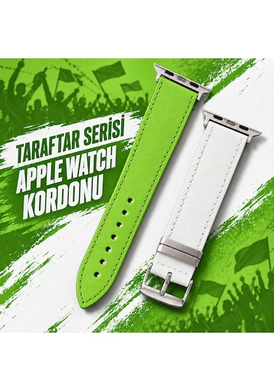 Goldoni Apple Watch Uyumlu Yeşil Beyaz İnce Hakiki Deri Taraftar Kordonu Metal Köprülü