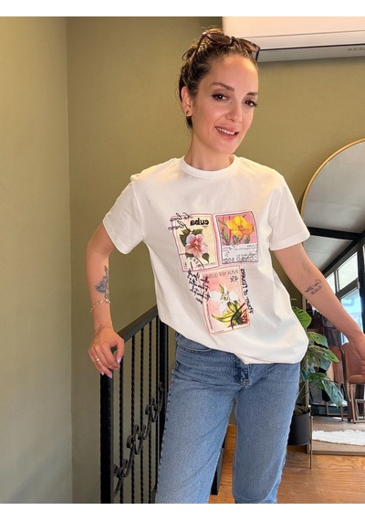 Ali Butik Ekru Baskı Ve Nakış Detaylı Tişört