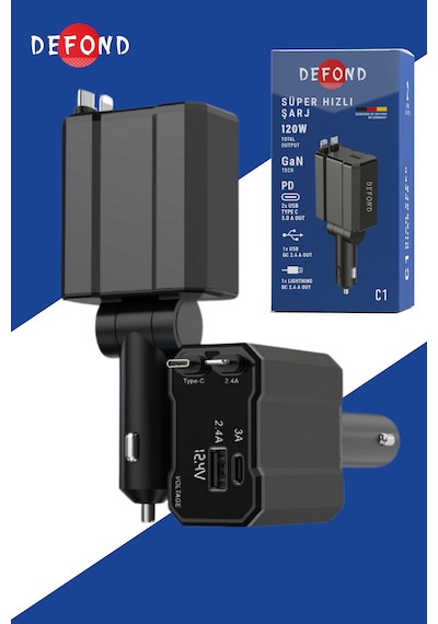 Usb C Typec Araç Şarj Aleti,4'ü 1 Arada Hızlı Şarz Araç 66w Araç Usb Şarj Cihaz Samsung Apple 120w
