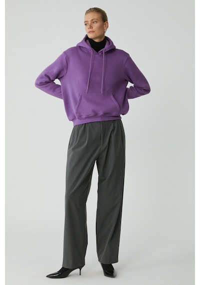 Ethıquet Diane Kadın İçi Polarlı Yumuşacık Comfort Fit Kapüşonlu Mor Sweatshirt
