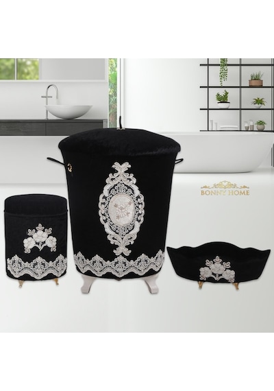 Lisa Siyah 3Lü Kadife Banyo Kirli Çamaşır Sepeti Seti Siyah