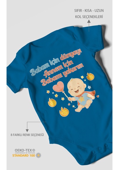 Morivokids Babaya Ve Anneye Özel Kısa Kollu Bebek Body %100 Pamuk Koyu Mavi