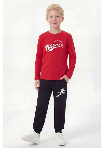 Panios Kids Yuvarlak Yaka Sweatshirt Paça Lastikli Eşofman Alt Baskılı Uzun Kollu Erkek Çocuk Alt Üst Takım Kırmızı