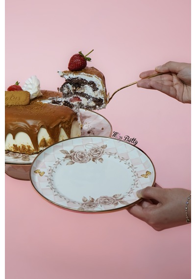 Rosadora Emaye 2'li Pasta Tabağı Dekoratif Vintage Servis Tabağı Pembe