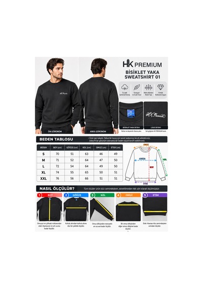 Hk Premium Sweatshirt Bisiklet Yaka Hk Premium Logolu Erkek Basic Siyah