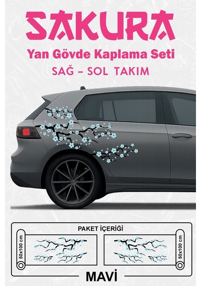 Sakura Kiraz Çiçeği - Yan Gövde Sticker Seti Kaplama Mavi - 864812509