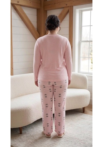 Eyfuze Kadın Kışlık Büyük Beden Desenli Yakası Düğmeli Uzun Kollu Pijama Takımı Siyah - Pembe