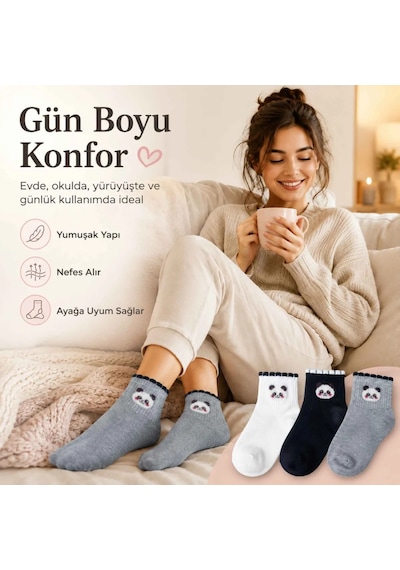 DS Wak Kadın Panda Desenli Kısa Konç Çorap 6 Lı Paket, %80 Pamuklu Dikişsiz Burun, Nefes Alan Yumuşak B Çok Renkli 6'lı