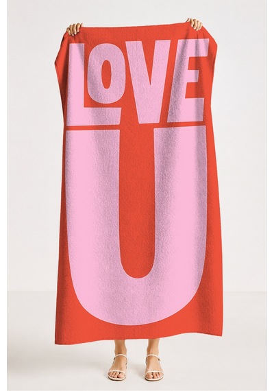Love Yazılı Modern Plaj Havlusu - Tipografik Kırmızı Pembe Hızlı Kuruyan Havuz Deniz Banyo Havlusu Mat Lavanta
