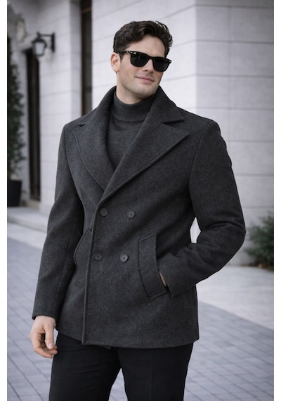 Erkek Casual Kruvaze Midi Boy Kaşe Kaban - Modern Kesim Füme Kaşe