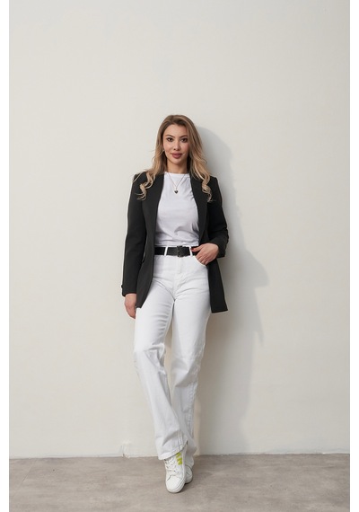 Rabia Çelik Kadın Siyah Tek Düğmeli Kol Detaylı Marka Model Blazer Ceket Siyah Siyah