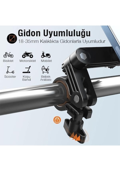 Polham Motor, Bisiklet, Scooter ve Bebek Arabası Gidon Uyumlu Telefon Tutucu, Kilit Sistemli 360