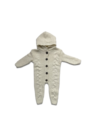 Babysena Kapüşonlu Örgü Kız Bebek Tulum Ekru