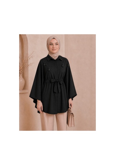 Unika Boutique Çiçekli Düğmeli Panço Siyah